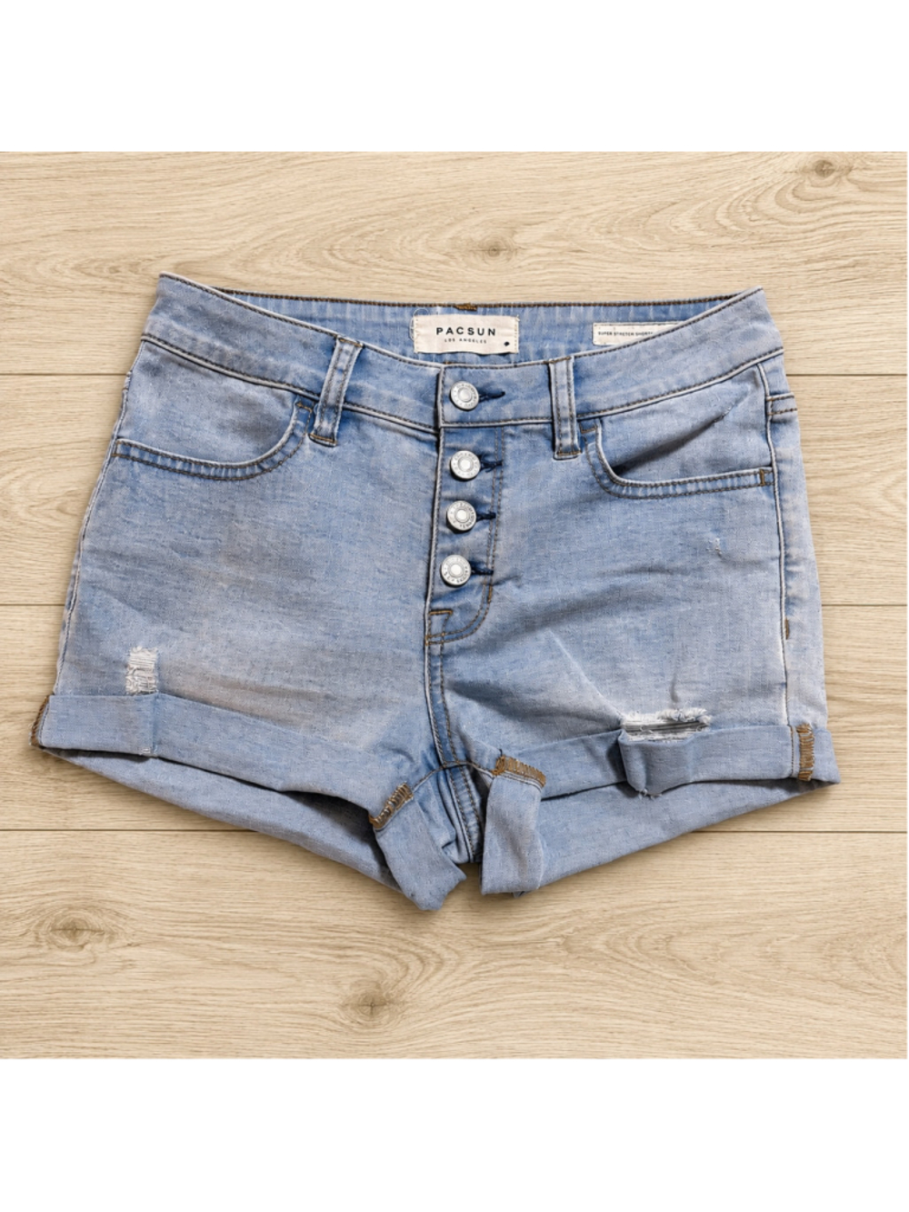 PacSun Super Stretch Shortie Women’s 26 Light Wash Distressed Denim Shorts